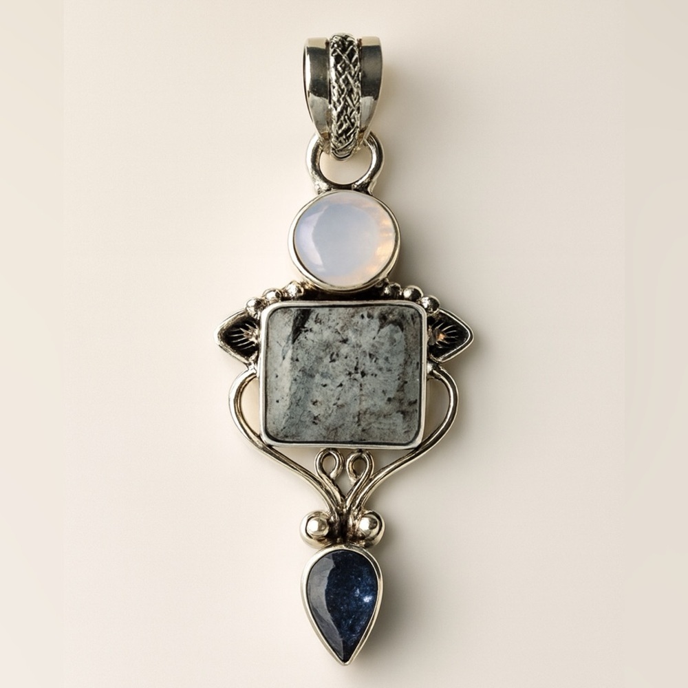 Artisan Silver Necklace with Blue and Gray Gemstones